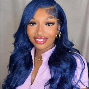 Human body waves, midnight, blue wig, lace, frontal 22 inch long human wig